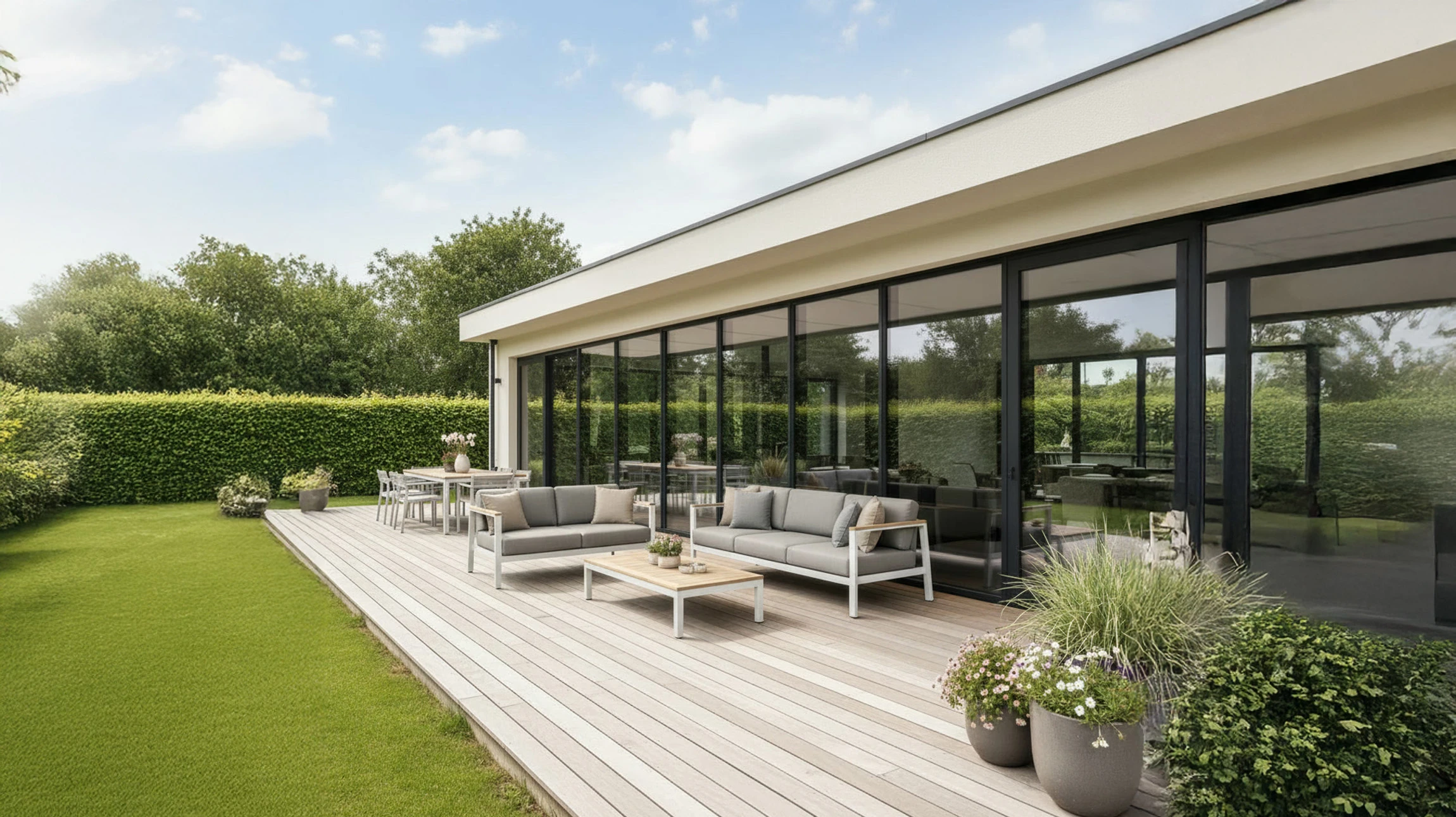 Terrasse extérieure en bois avec spa jacuzzi encastré, table de repas ronde en verre avec chaises, barbecue grill intégré et parasol fermé