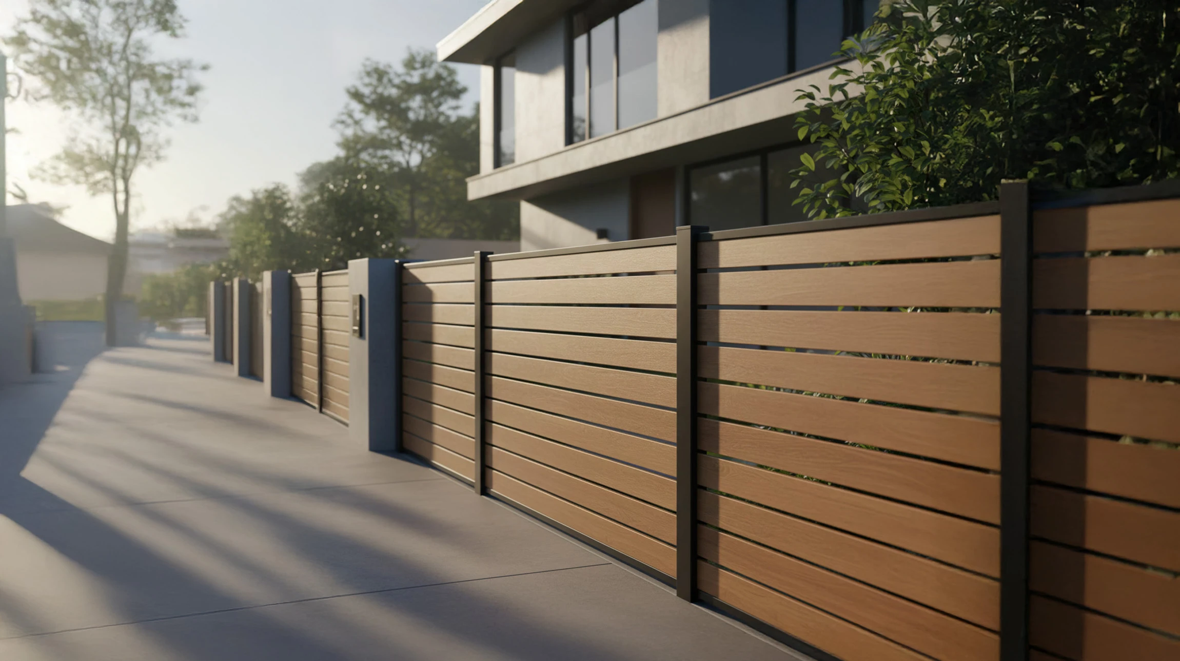 Portail résidentiel en fer forgé à double battant avec ornements décoratifs en volutes et motifs floraux, installé entre piliers maçonnés