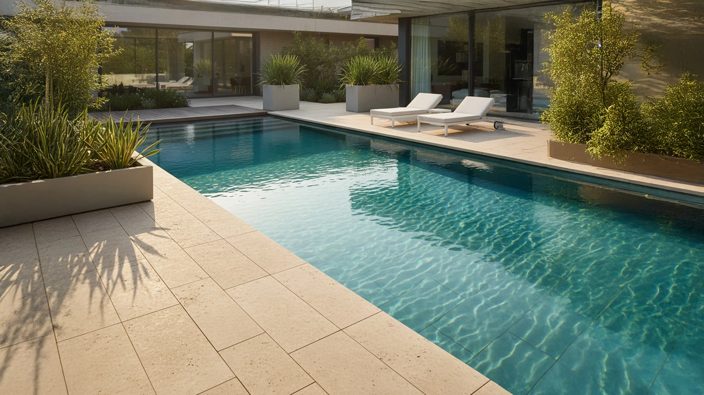 Piscine intérieure moderne dans espace spa avec bassin rectangulaire à eau turquoise claire