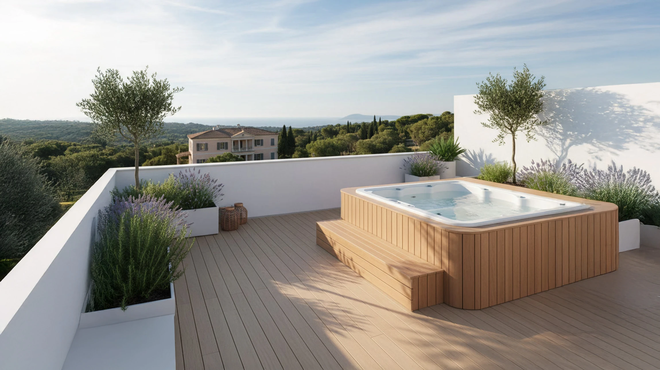 Terrasse extérieure avec spa jacuzzi encastré, revêtement bois exotique, vue panoramique sur paysage méditerranéen et océan