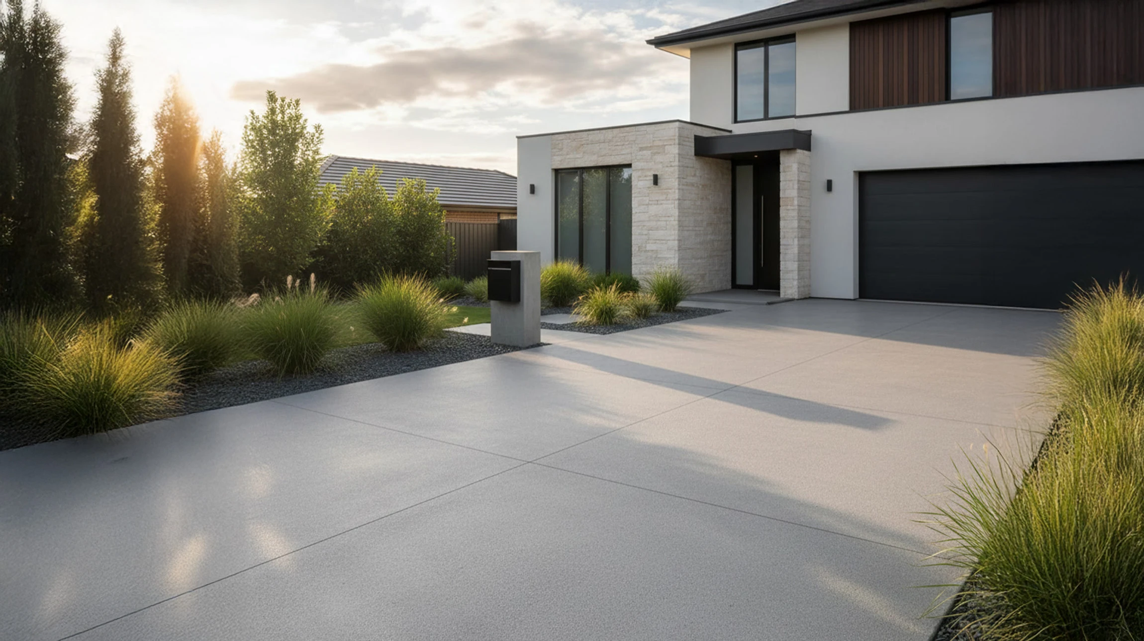 Scène extérieure résidentielle avec maison individuelle à toit de tuiles terre cuite, jardin paysager avec palmier et végétation méditerranéenne