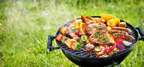 Scène extérieure de barbecue dans un jardin avec pelouse verte