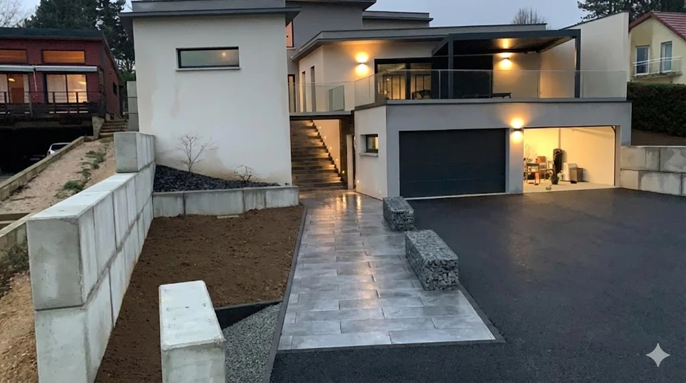 Piscine creusée circulaire avec eau bleue cristalline dans jardin résidentiel paysagé
